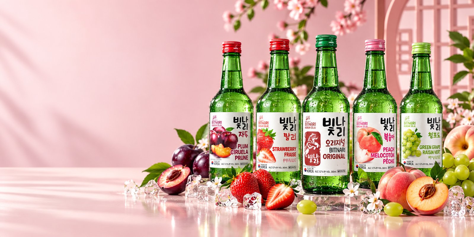 Bitnari Korean fruit soju bottles on a pink cherry-blossom set
